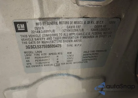 2009 Saturn Vue V6 Xr z USA, uszkodzony, nr VIN 3GSCL53759S609475